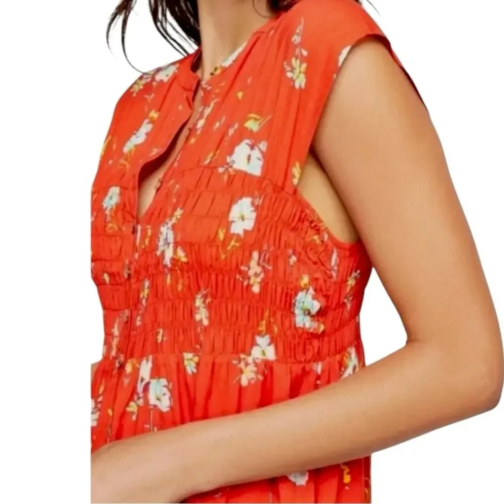 Free People Dress Smocked Waist Button Front Red Floral Women’s Size Medium